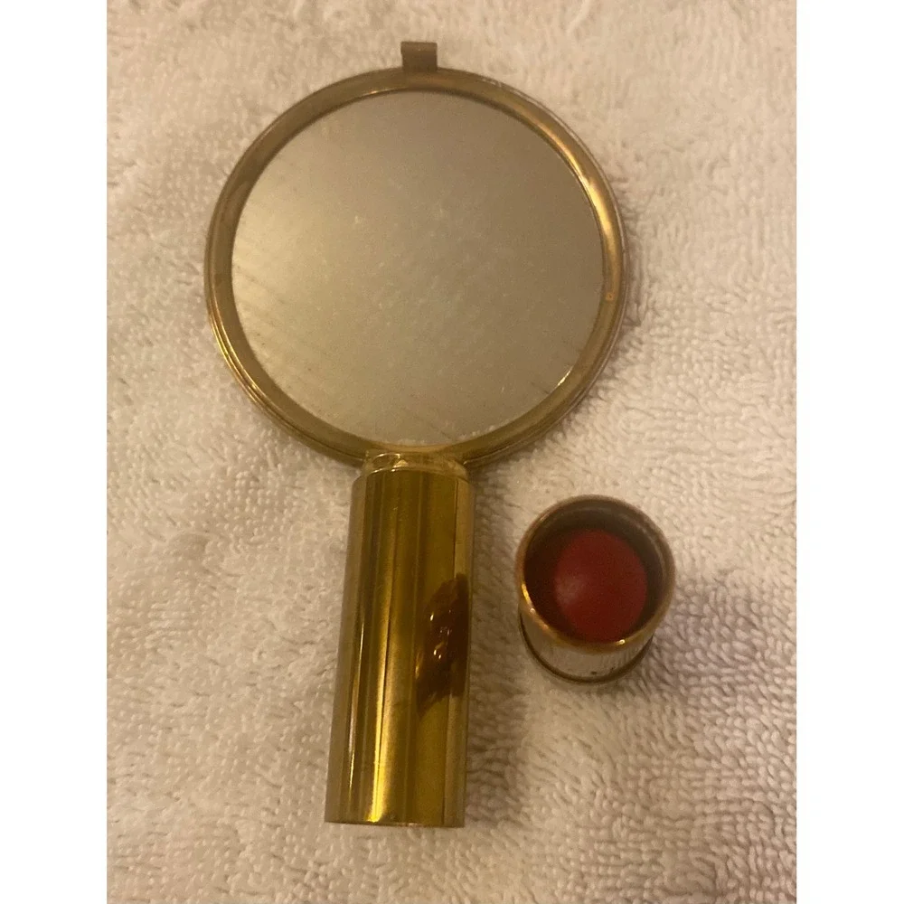 Vintage Brass Compact Mirror Lipstick Holder Blue‎ Rhinestone Filigree Gold Tone